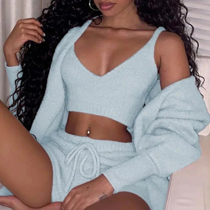 3-Piece Women's Pajama Set - Long Sleeve Crop Top, Tank & Drawstring Shorts
