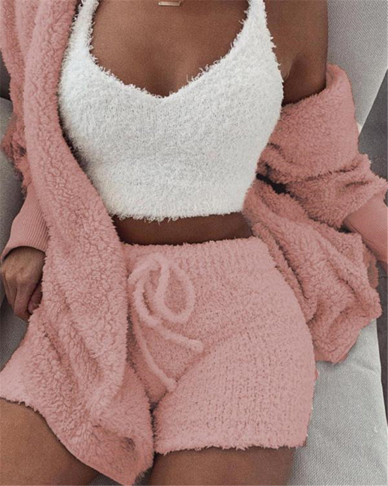 3-Piece Women's Pajama Set - Long Sleeve Crop Top, Tank & Drawstring Shorts