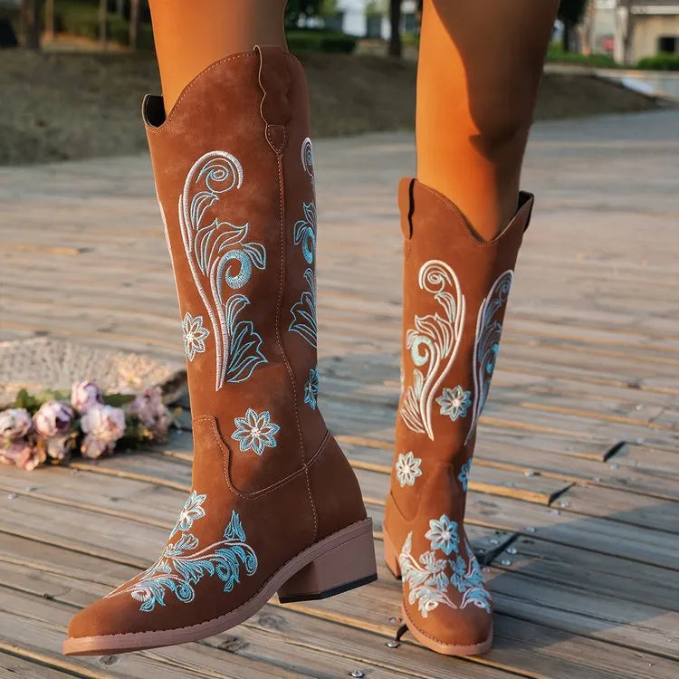 Cizme Cowboy Broderie Florală Premium - Western Boots Elegante Femei