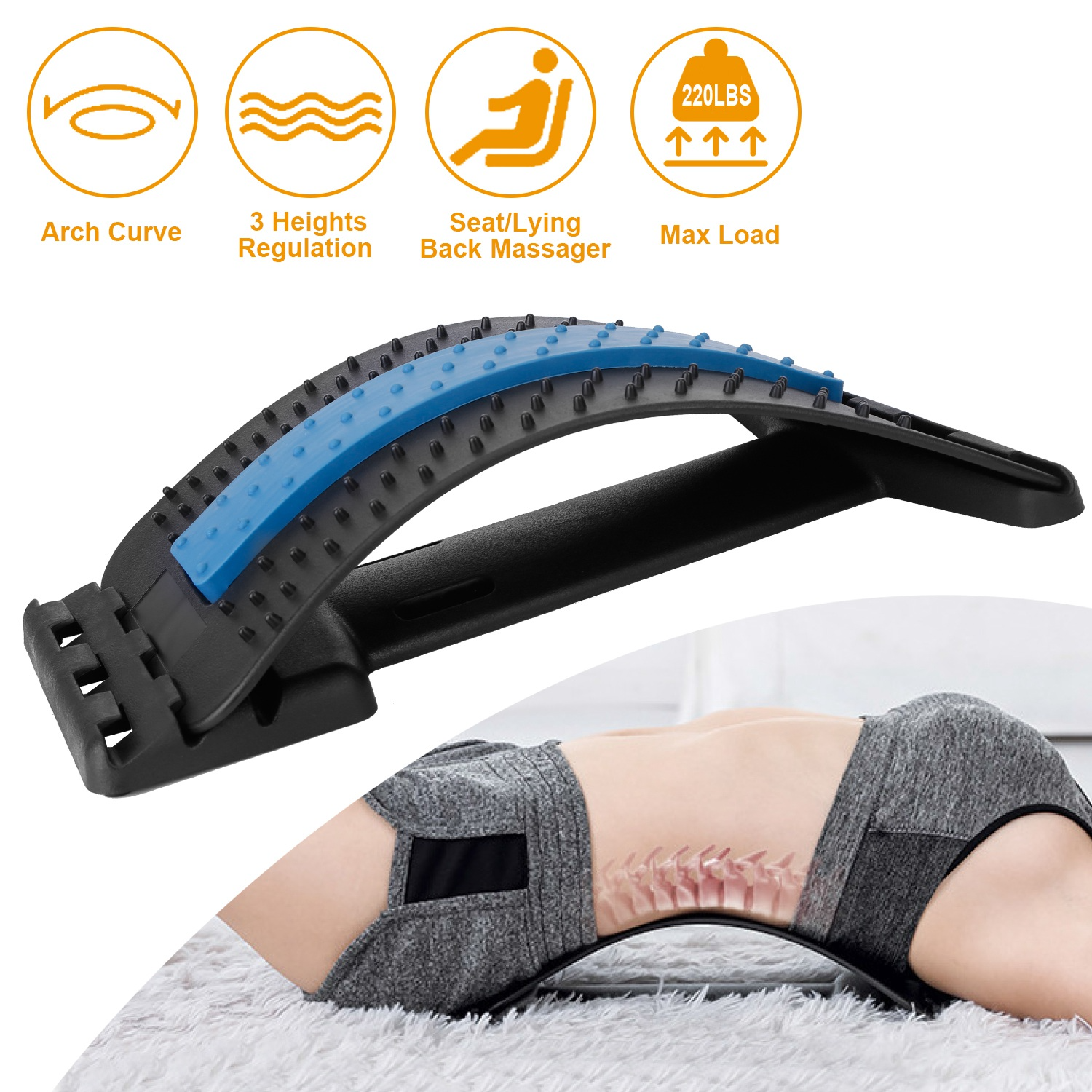 Dispozitiv Stretching pentru Spate Multi-Nivel - Suport Lumbar Spinal cu 3 Niveluri Ajustabile
