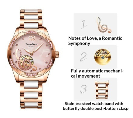 Deyi Bird Wine-Red Note Hollowed-Out Fully Automatic Mechanical Women's Watch