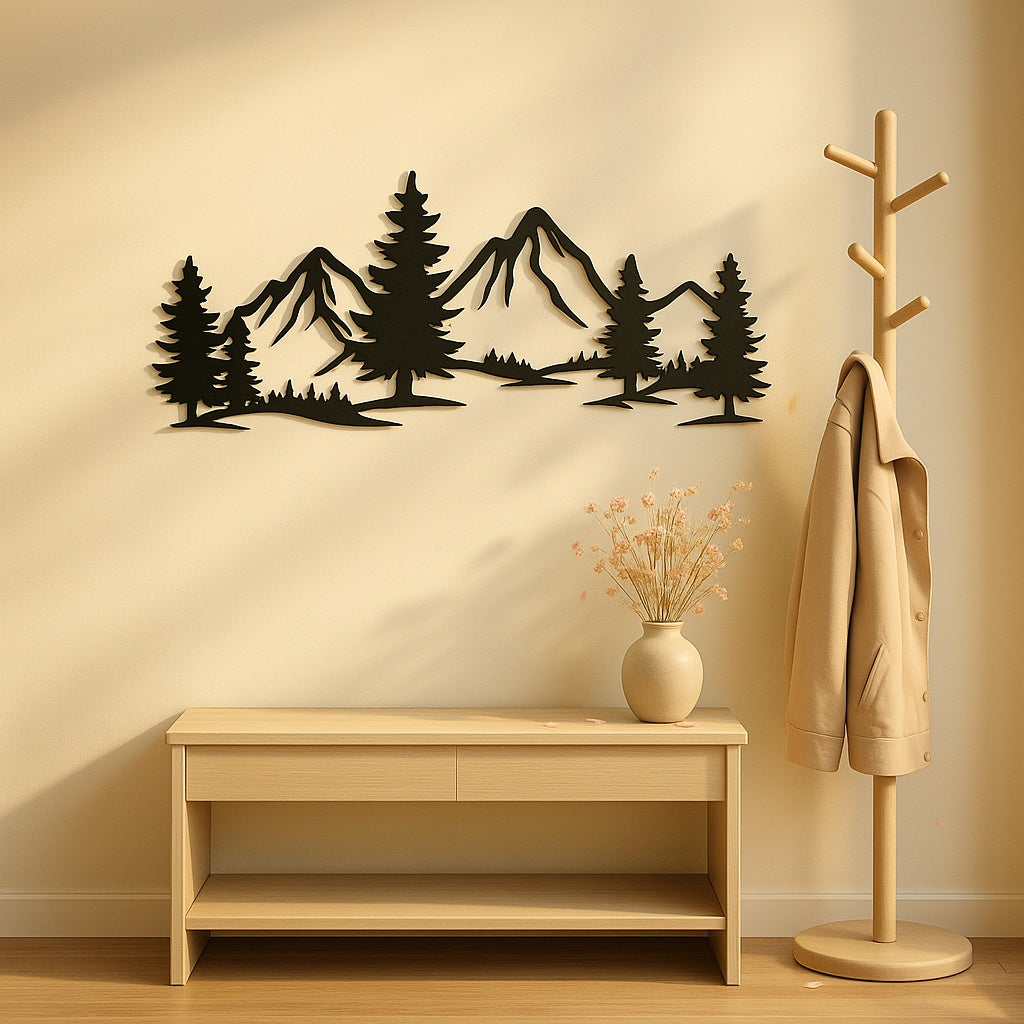 3D Metal Wall Art - Rustic Forest Mountain Design | 40cm Black Silhouette Decor