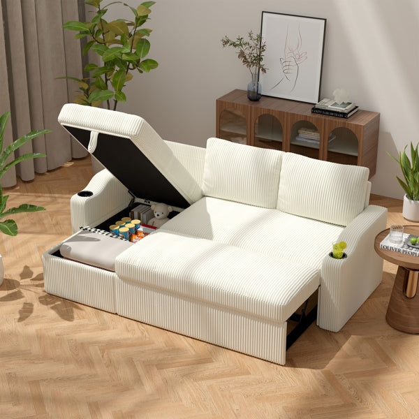 Convertible Corduroy L-Shaped Sectional Sofa Bed with Storage & Cup Holder