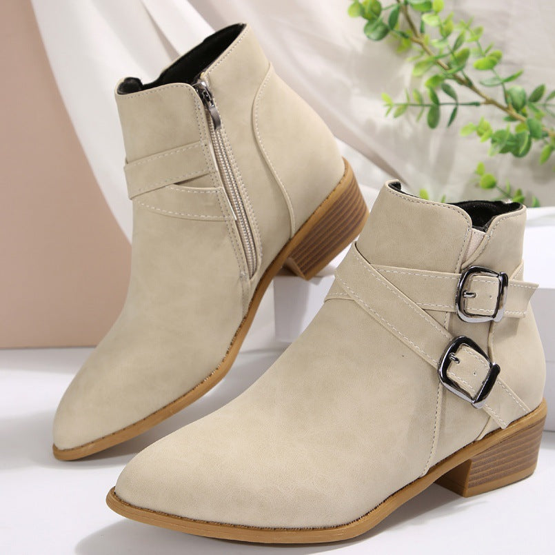 Fashionable Chunky-Heel Leather Belt-Clasp Side-Zip Ankle Boots