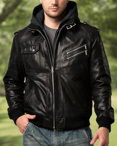 FLAVOR Men Brown Leather Motorcycle Jacket with Removable Hood