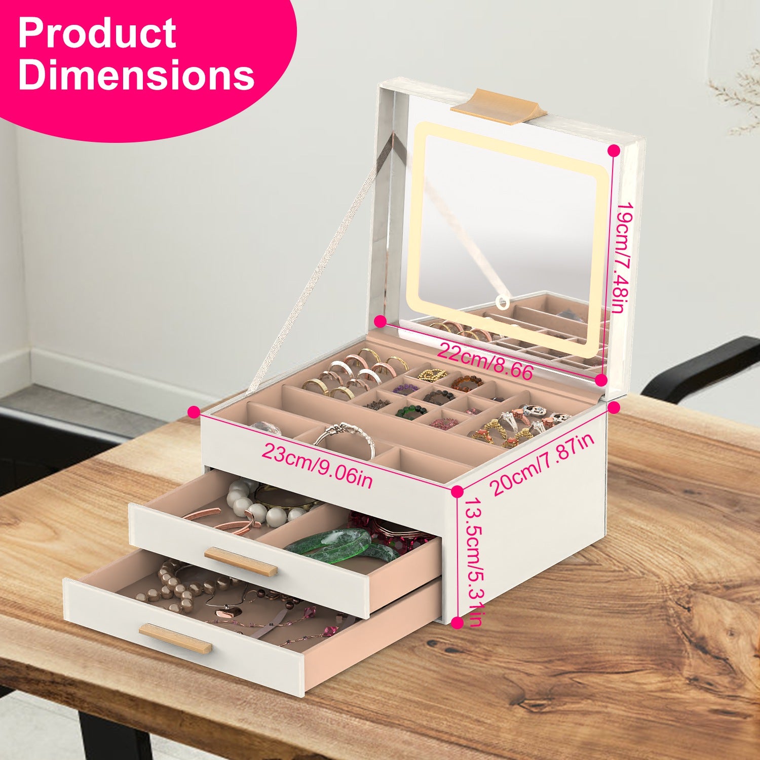 Cutie Bijuterii Premium cu LED și Oglindă - Organizator Elegant 3 Niveluri Valentine's Day