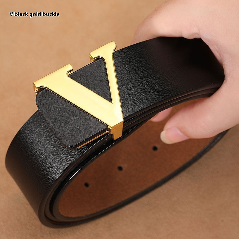 Retro Smooth Genuine Leather Belt - Pure Cowhide Letter V Pants Belt