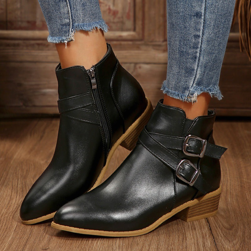 Fashionable Chunky-Heel Leather Belt-Clasp Side-Zip Ankle Boots