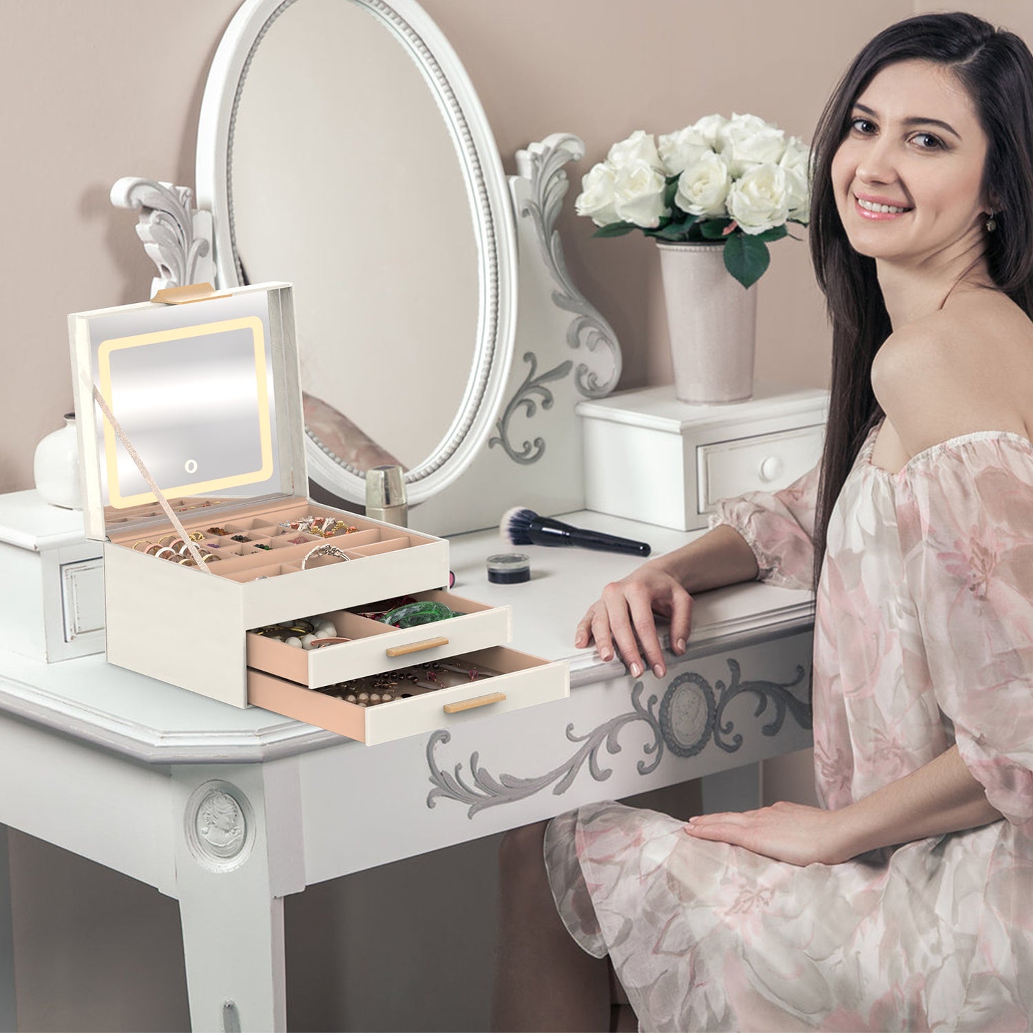 Cutie Bijuterii Premium cu LED și Oglindă - Organizator Elegant 3 Niveluri Valentine's Day