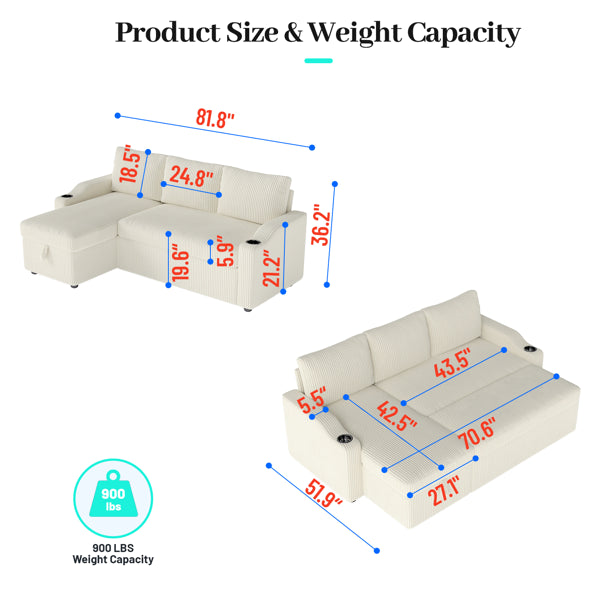 Convertible Corduroy L-Shaped Sectional Sofa Bed with Storage & Cup Holder