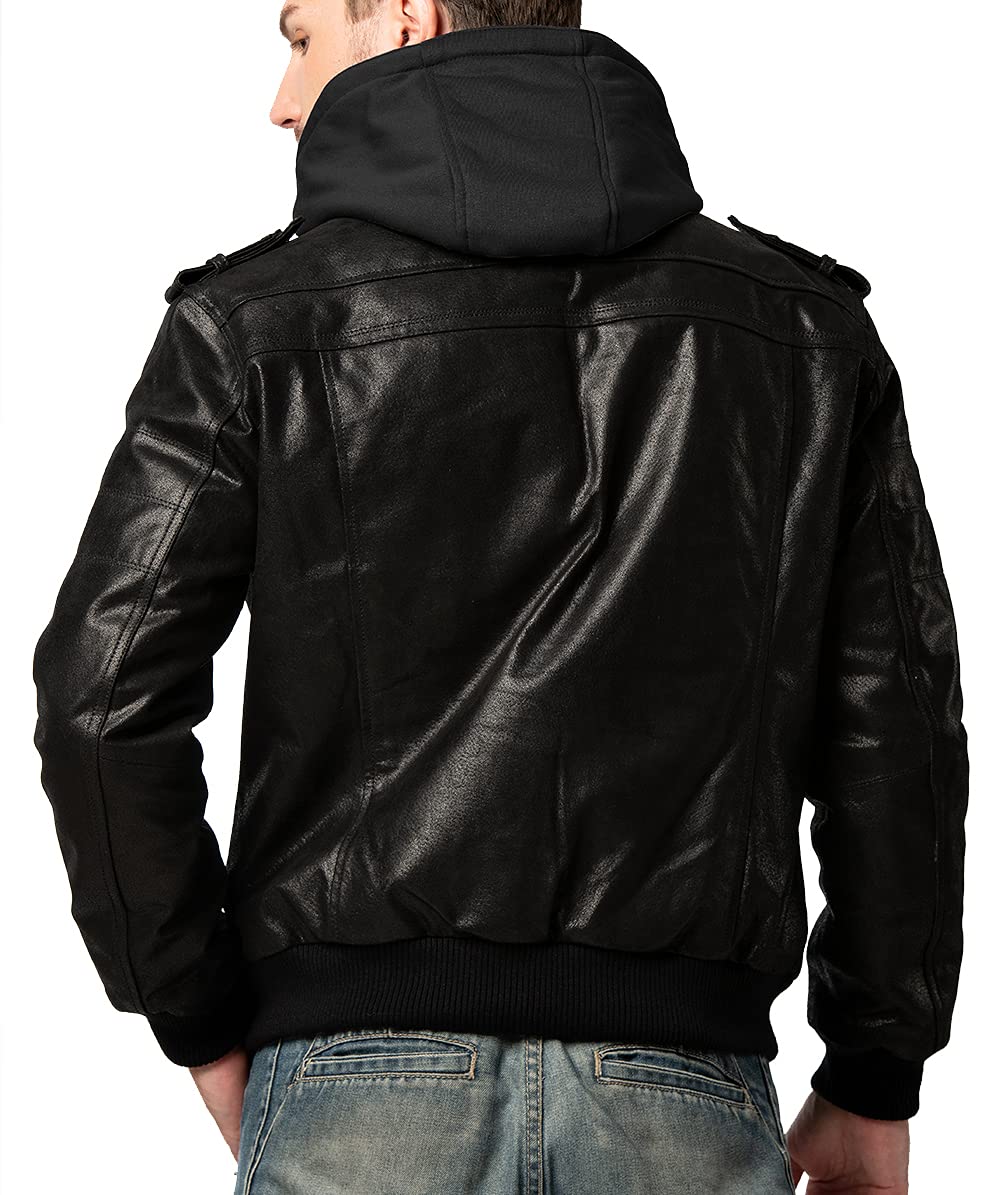 FLAVOR Men Brown Leather Motorcycle Jacket with Removable Hood