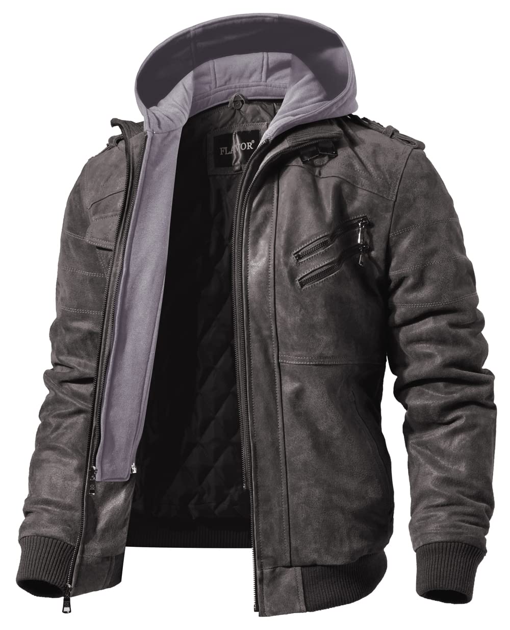 FLAVOR Men Brown Leather Motorcycle Jacket with Removable Hood