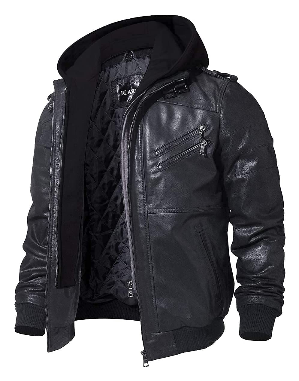 FLAVOR Men Brown Leather Motorcycle Jacket with Removable Hood