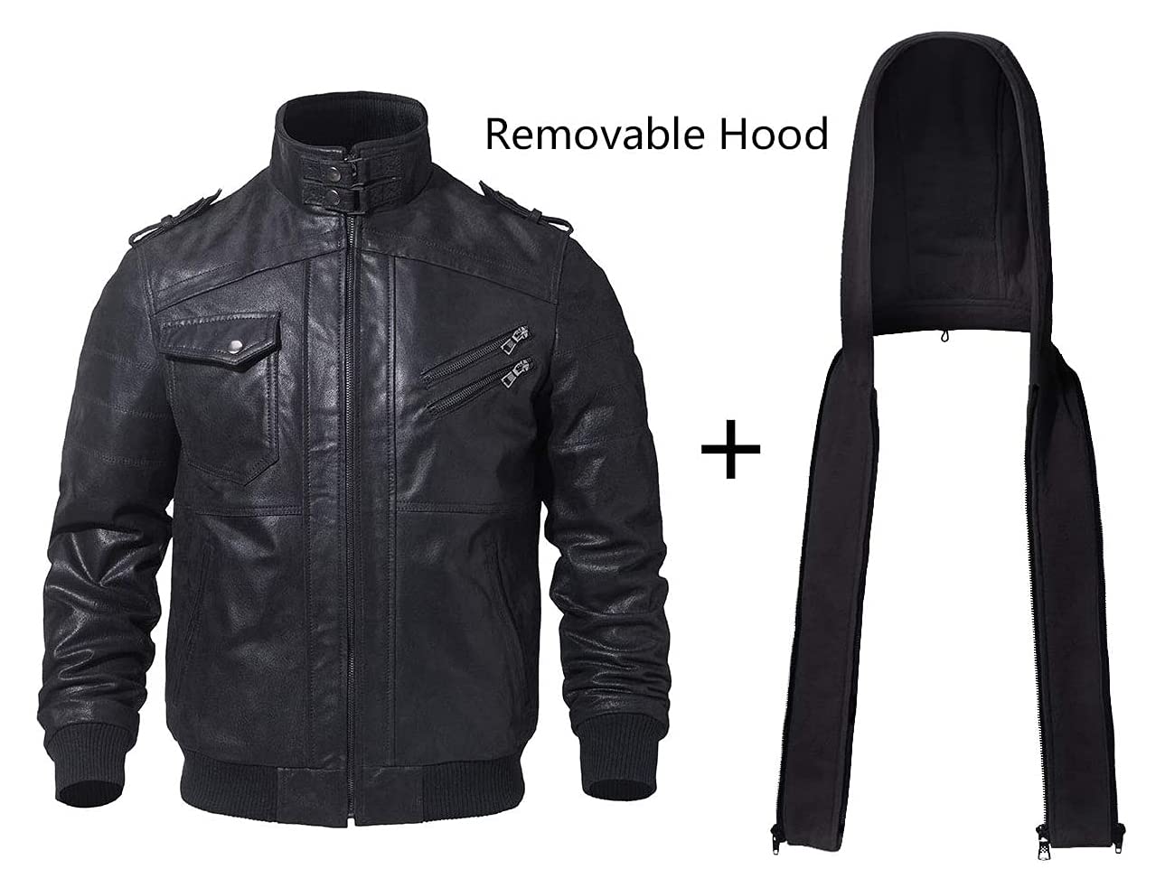 FLAVOR Men Brown Leather Motorcycle Jacket with Removable Hood
