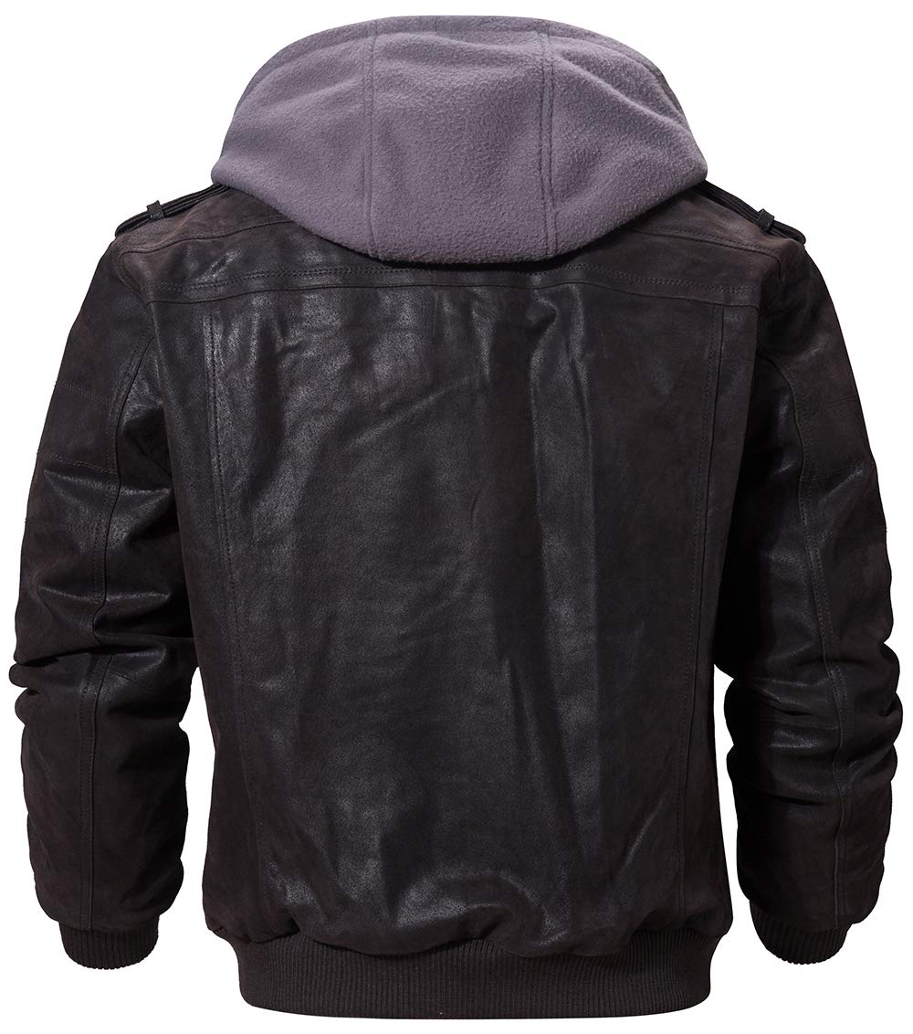 FLAVOR Men Brown Leather Motorcycle Jacket with Removable Hood