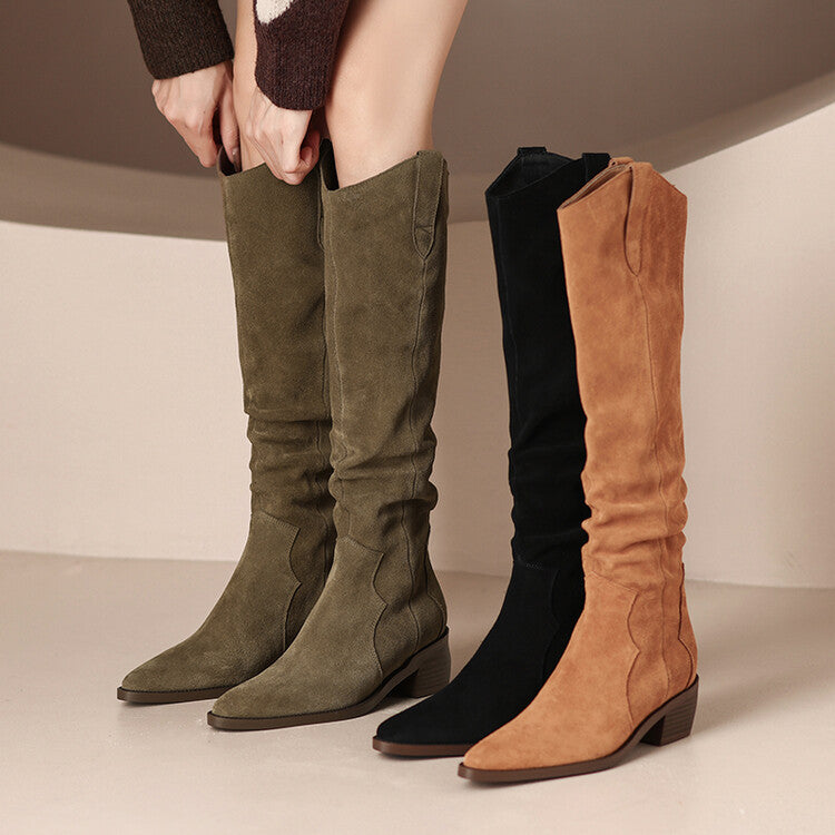 V-Cut Knee High Boots - Chunky Heel Autumn Winter Fashion Boots for Women
