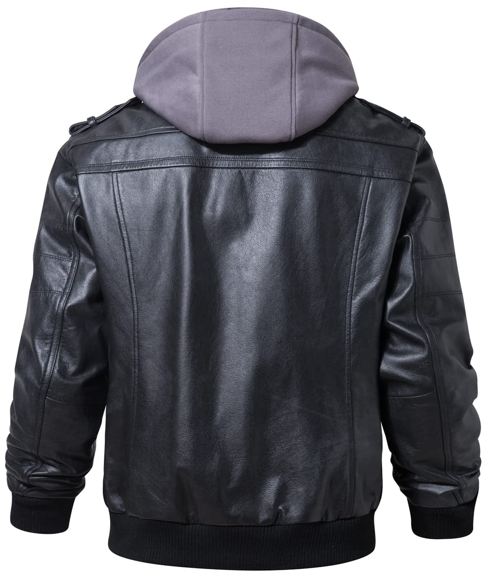 FLAVOR Men Brown Leather Motorcycle Jacket with Removable Hood