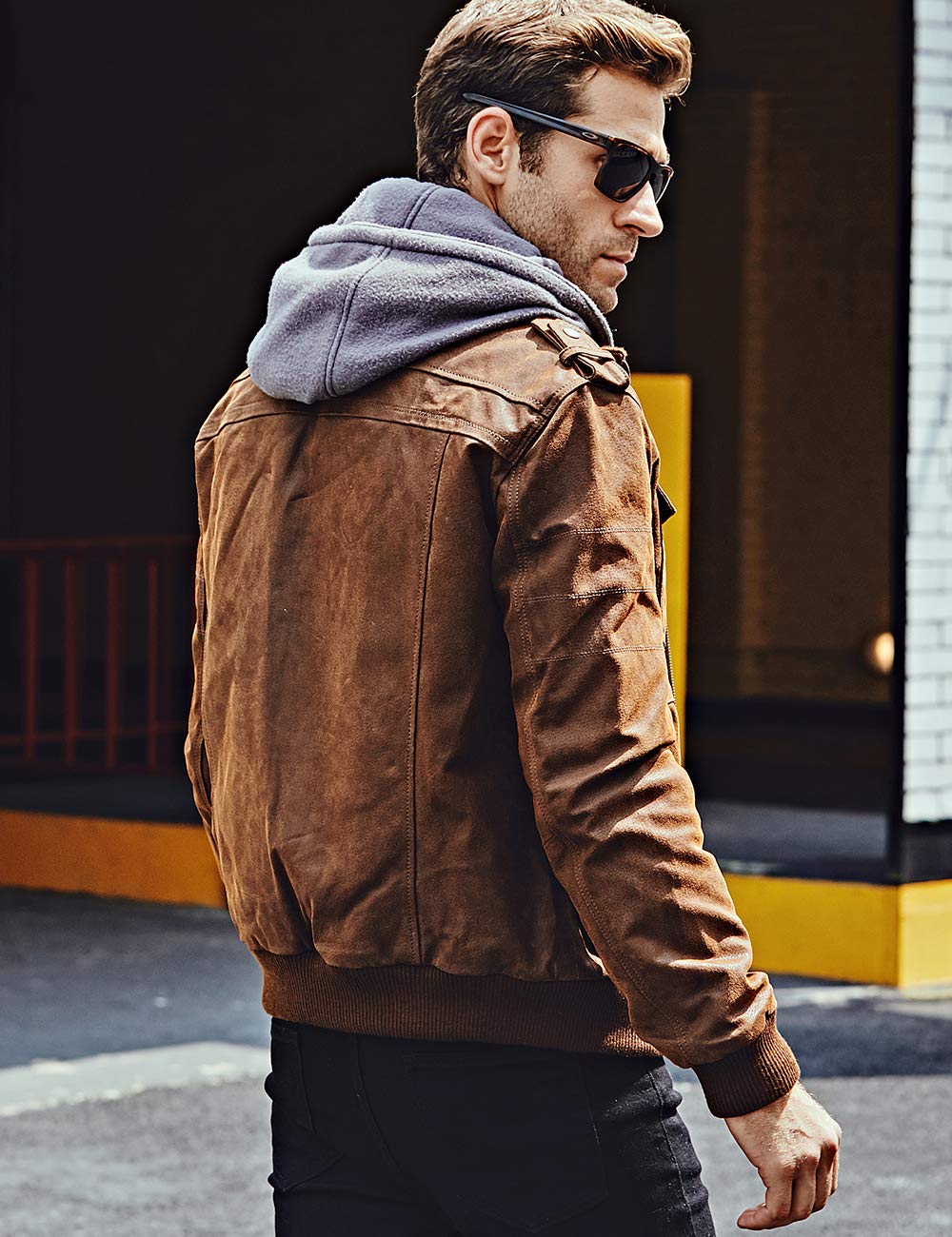 FLAVOR Men Brown Leather Motorcycle Jacket with Removable Hood