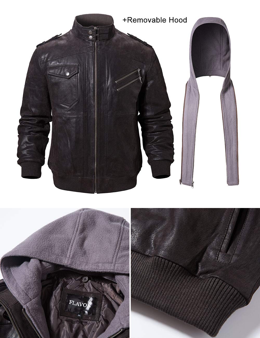 FLAVOR Men Brown Leather Motorcycle Jacket with Removable Hood