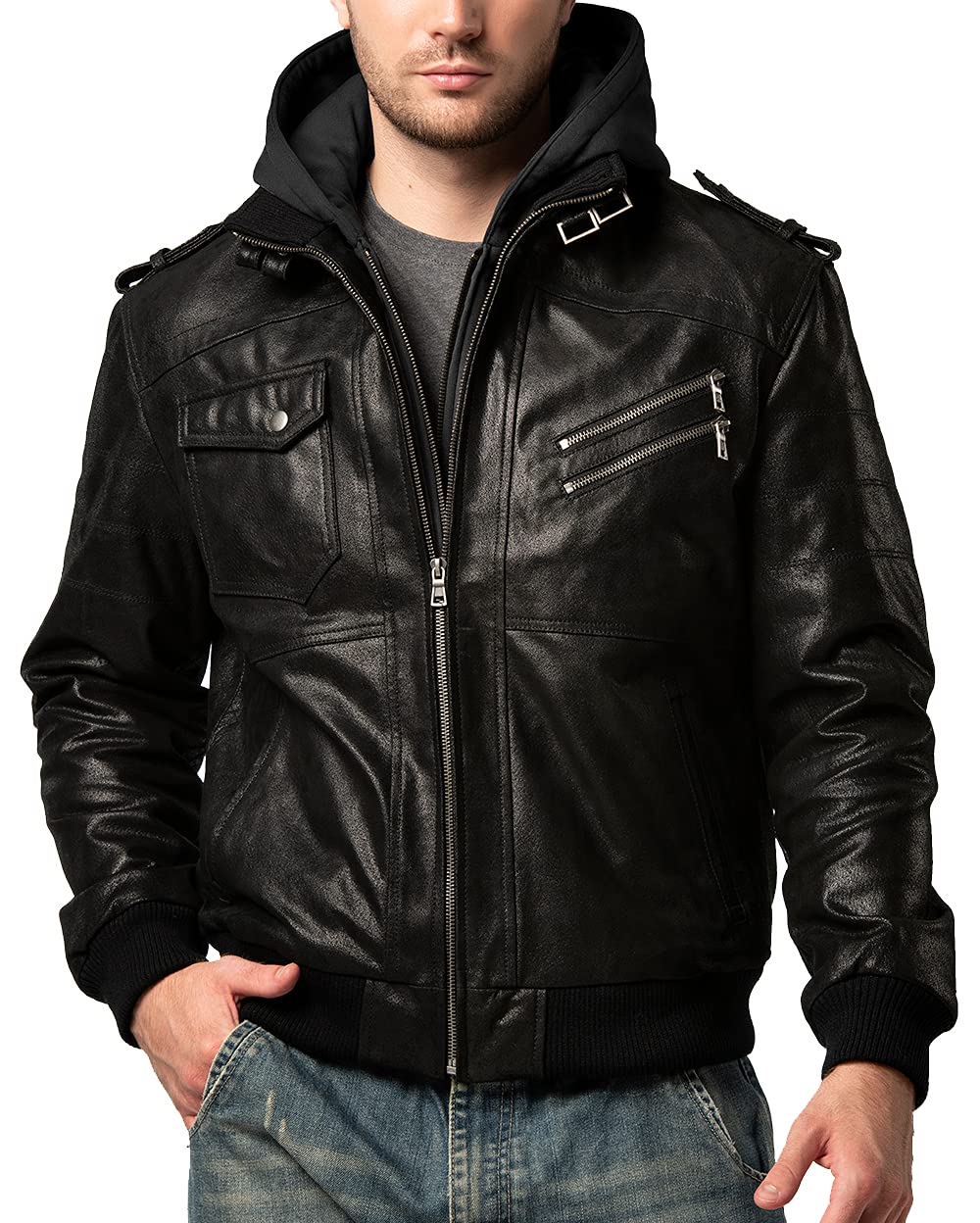 FLAVOR Men Brown Leather Motorcycle Jacket with Removable Hood