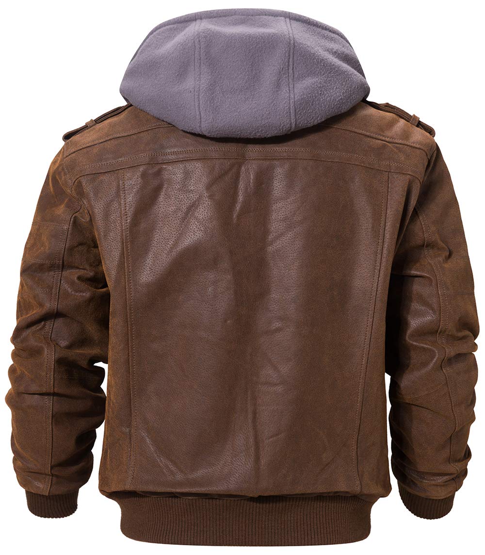 FLAVOR Men Brown Leather Motorcycle Jacket with Removable Hood