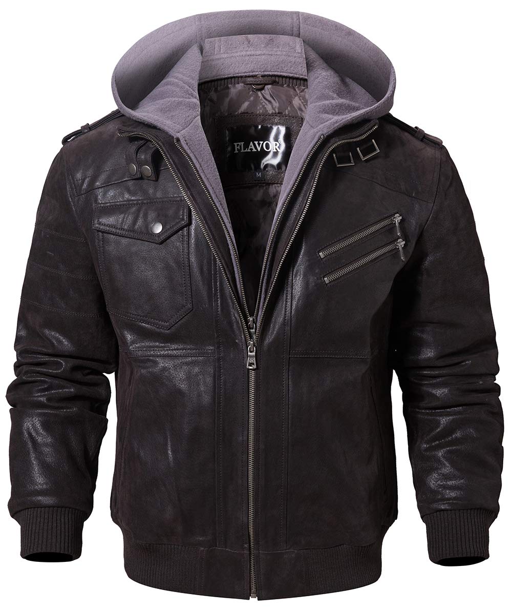 FLAVOR Men Brown Leather Motorcycle Jacket with Removable Hood