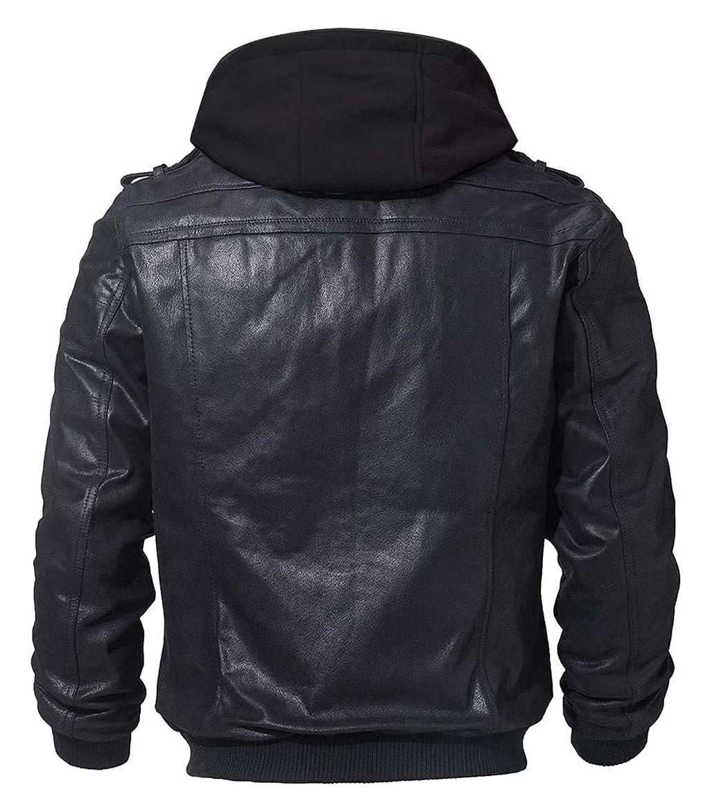 FLAVOR Men Brown Leather Motorcycle Jacket with Removable Hood