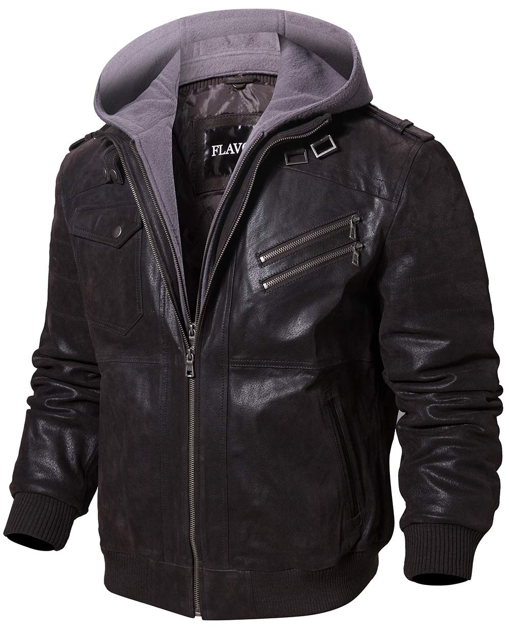 FLAVOR Men Brown Leather Motorcycle Jacket with Removable Hood