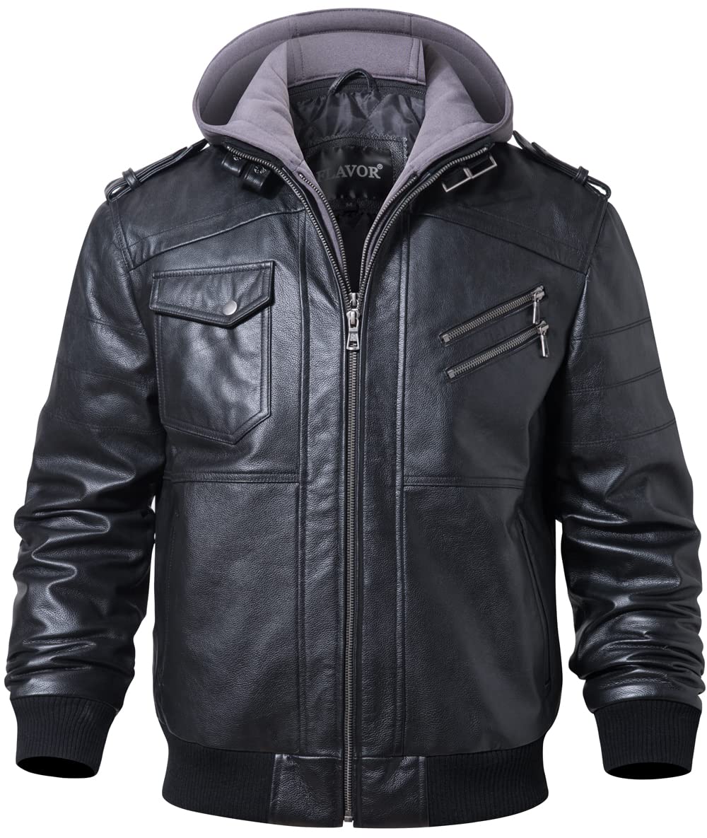 FLAVOR Men Brown Leather Motorcycle Jacket with Removable Hood