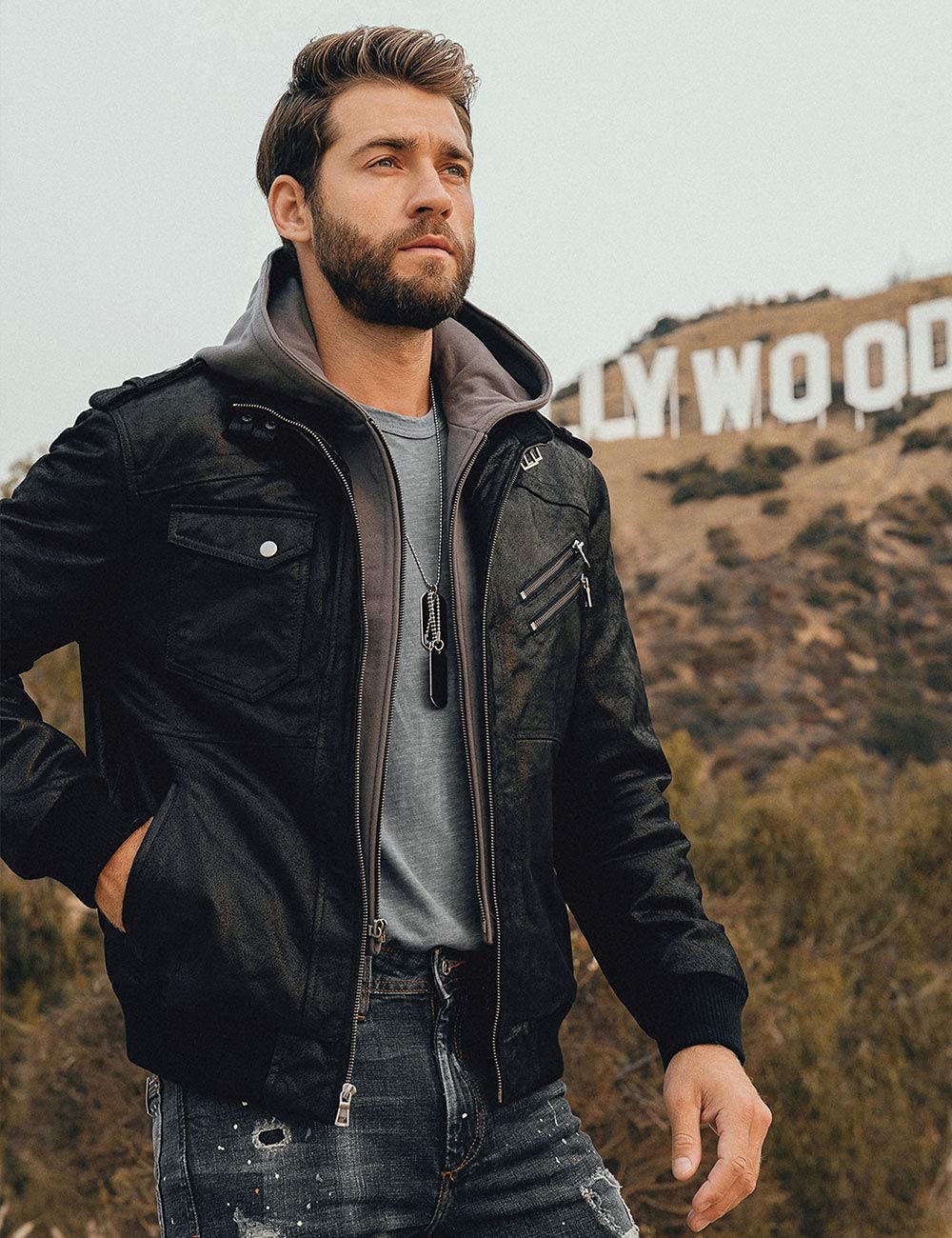 FLAVOR Men Brown Leather Motorcycle Jacket with Removable Hood