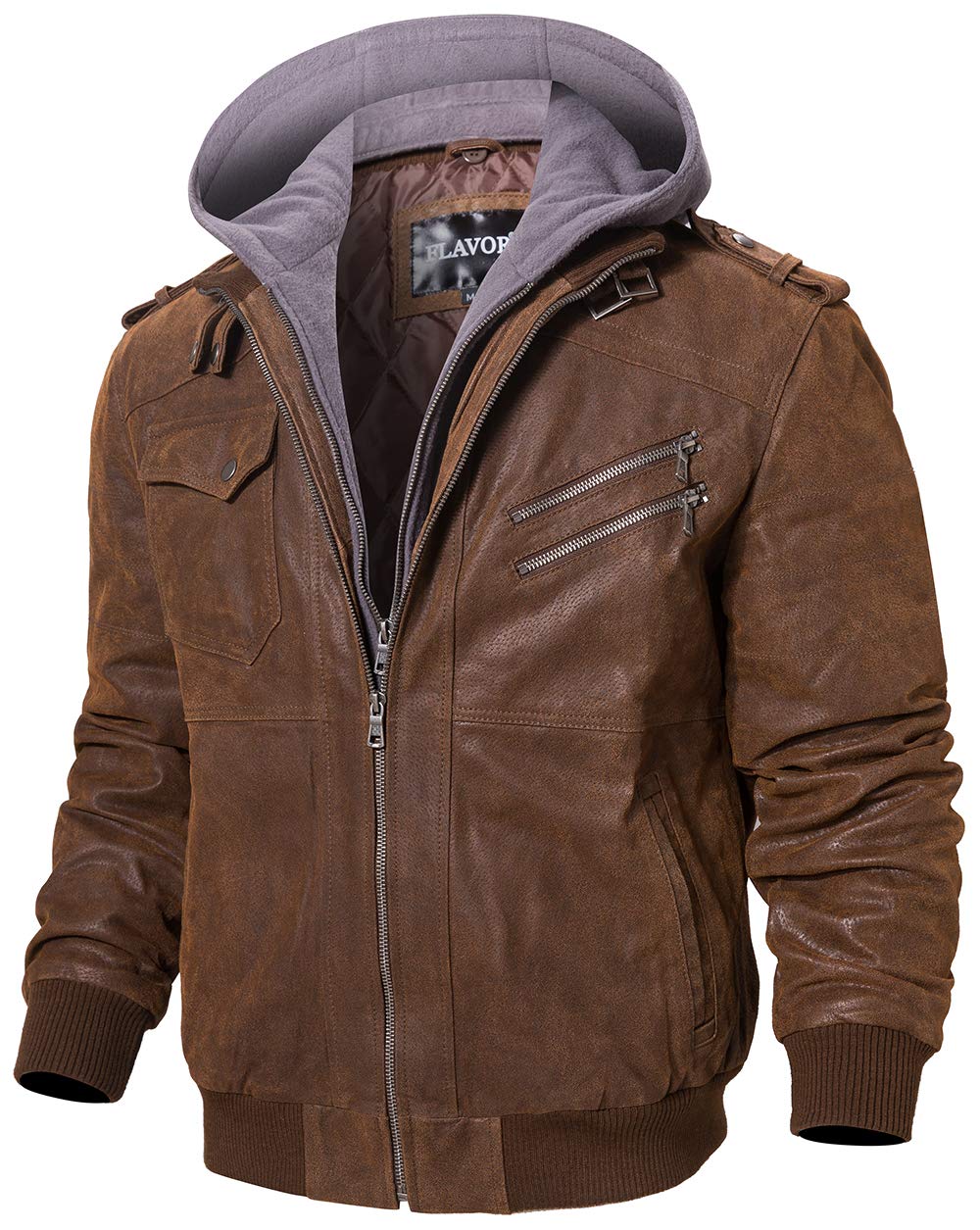 FLAVOR Men Brown Leather Motorcycle Jacket with Removable Hood