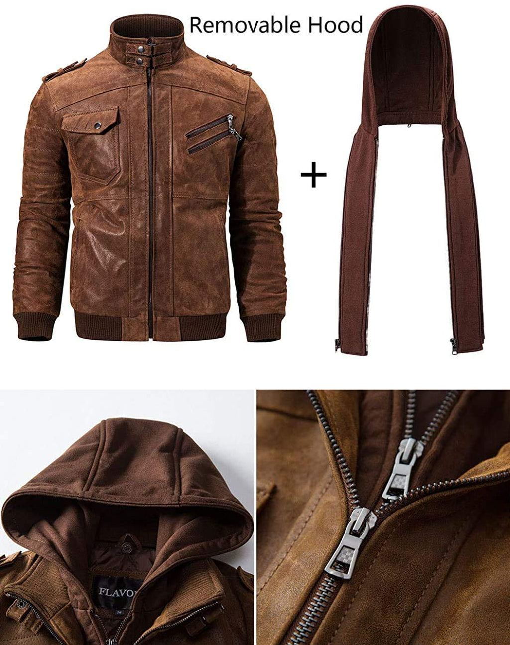 FLAVOR Men Brown Leather Motorcycle Jacket with Removable Hood