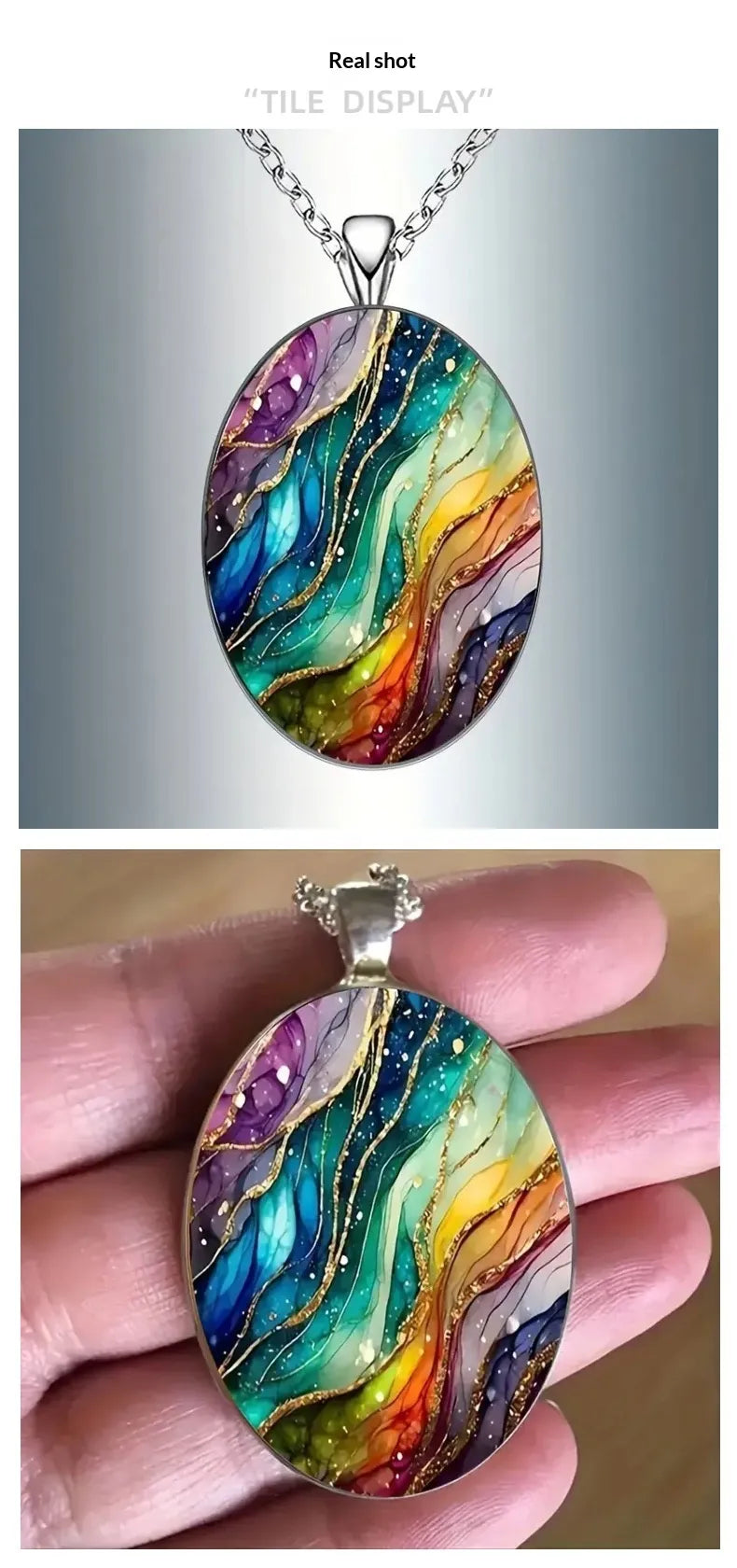 Dreamy Rainbow Ripple Oval Glass Pendant Necklace - Iridescent Crystal Jewelry | Valentine's Gift