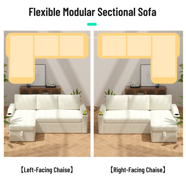 Convertible Corduroy L-Shaped Sectional Sofa Bed with Storage & Cup Holder