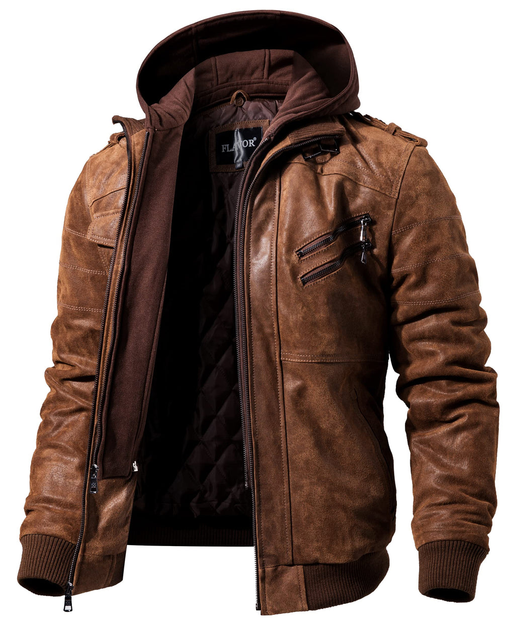 FLAVOR Men Brown Leather Motorcycle Jacket with Removable Hood