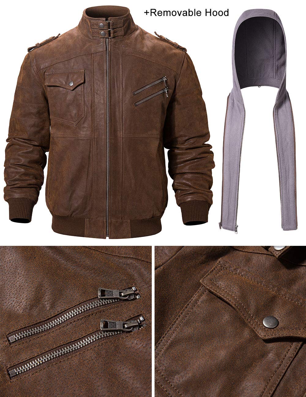 FLAVOR Men Brown Leather Motorcycle Jacket with Removable Hood
