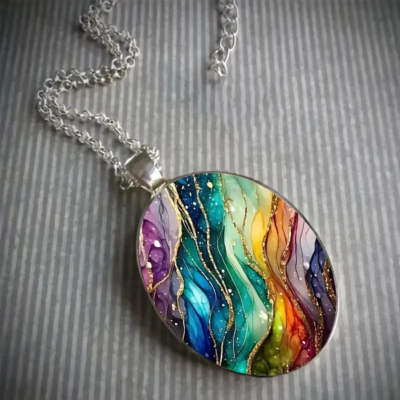 Dreamy Rainbow Ripple Oval Glass Pendant Necklace - Iridescent Crystal Jewelry | Valentine's Gift