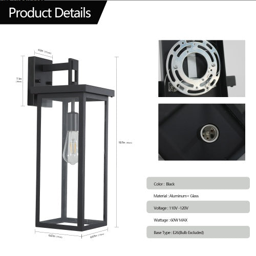 Set of 2 Modern Outdoor Wall Lanterns - 20" Black Metal & Glass | Weather-Resistant