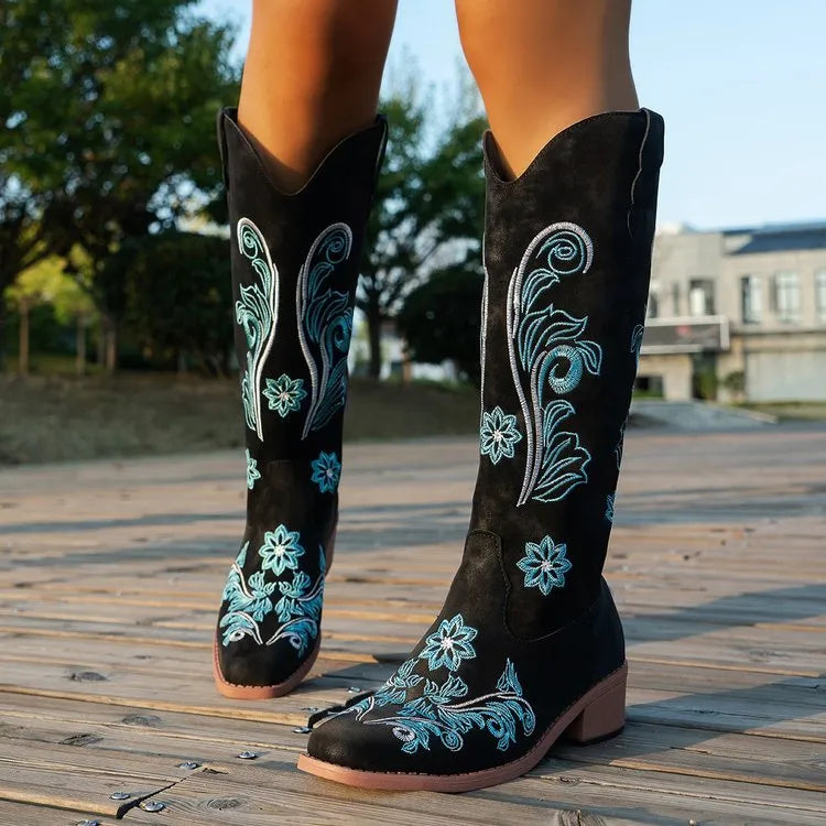 Cizme Cowboy Broderie Florală Premium - Western Boots Elegante Femei