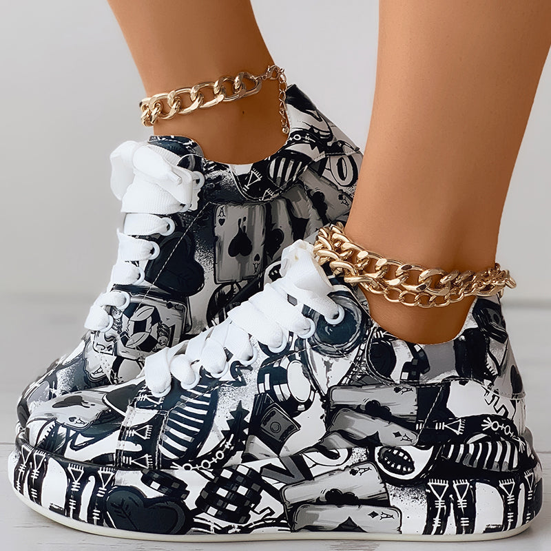 Women's Casual Round Toe Thick Sole Lace-Up Sneakers, Random Print Design, Comfortable Sporty Shoes For Daily Wear