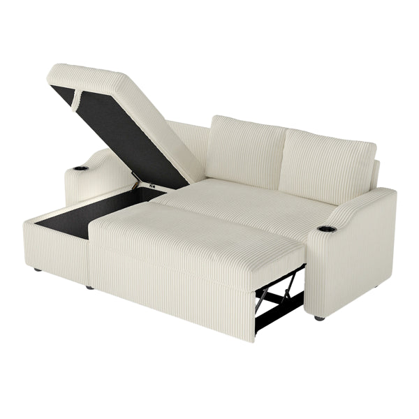 Convertible Corduroy L-Shaped Sectional Sofa Bed with Storage & Cup Holder