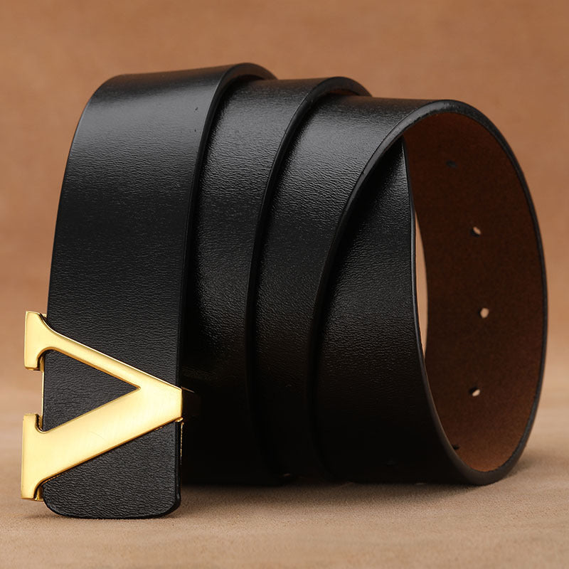 Retro Smooth Genuine Leather Belt - Pure Cowhide Letter V Pants Belt