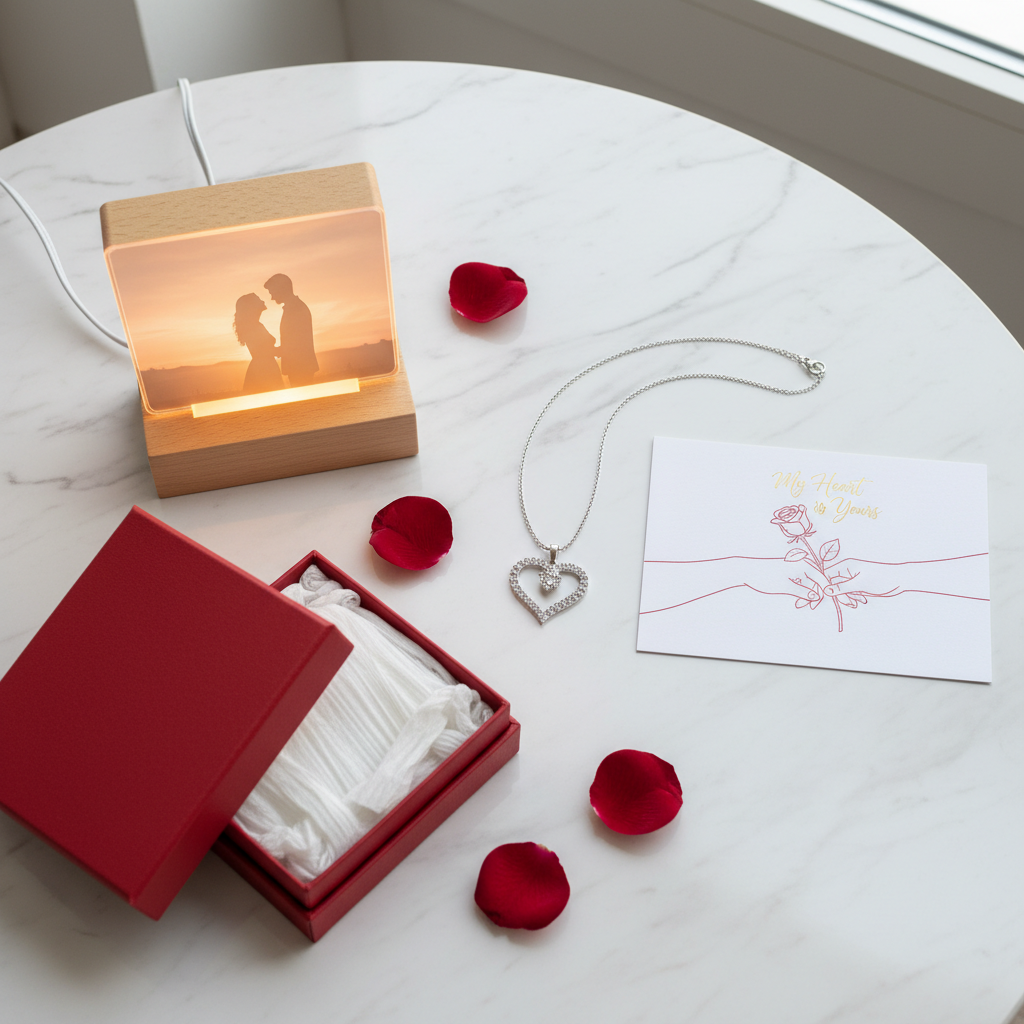 💝 Bundle Valentine's Premium - Colier Inimă + Lampă LED Personalizată + Cutie Cadou Deluxe