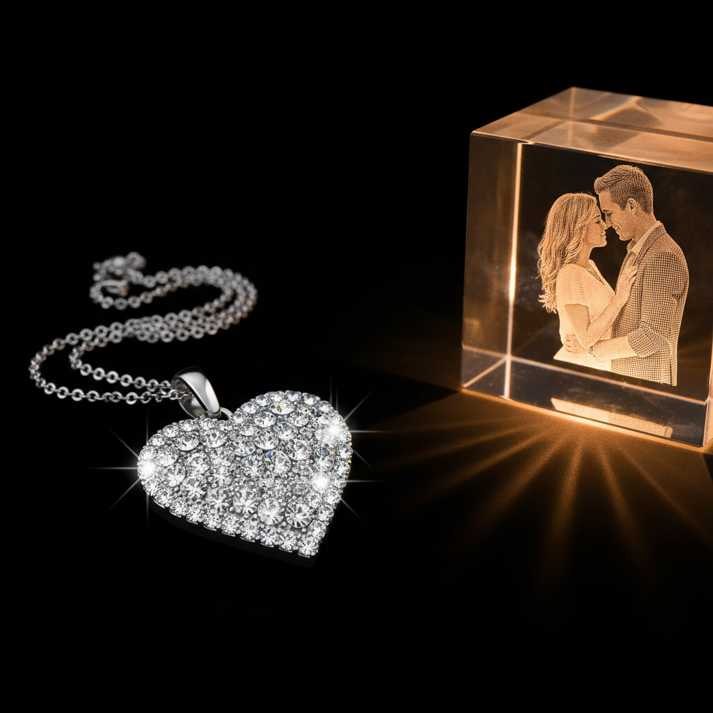 💝 Bundle Valentine's Premium - Colier Inimă + Lampă LED Personalizată + Cutie Cadou Deluxe