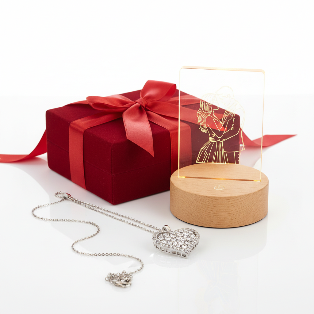 💝 Bundle Valentine's Premium - Colier Inimă + Lampă LED Personalizată + Cutie Cadou Deluxe