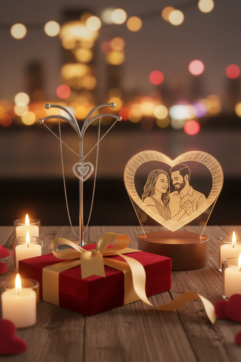 💝 Bundle Valentine's Premium - Colier Inimă + Lampă LED Personalizată + Cutie Cadou Deluxe