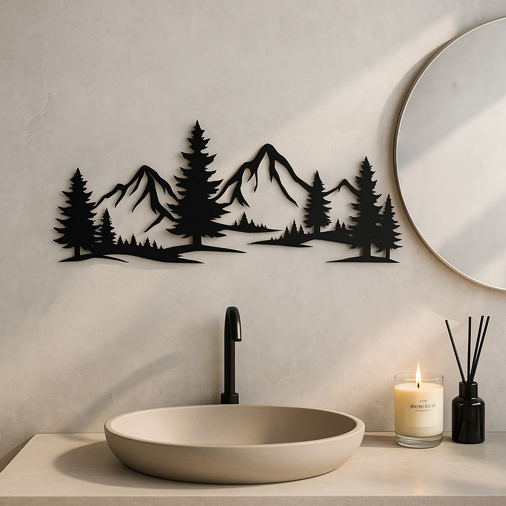 3D Metal Wall Art - Rustic Forest Mountain Design | 40cm Black Silhouette Decor