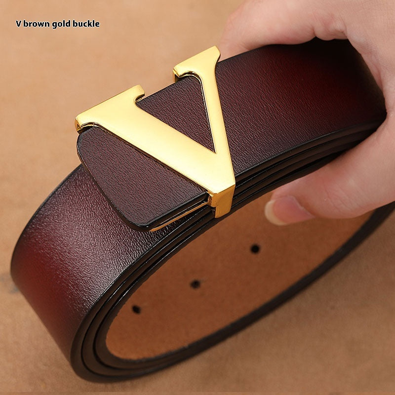 Retro Smooth Genuine Leather Belt - Pure Cowhide Letter V Pants Belt