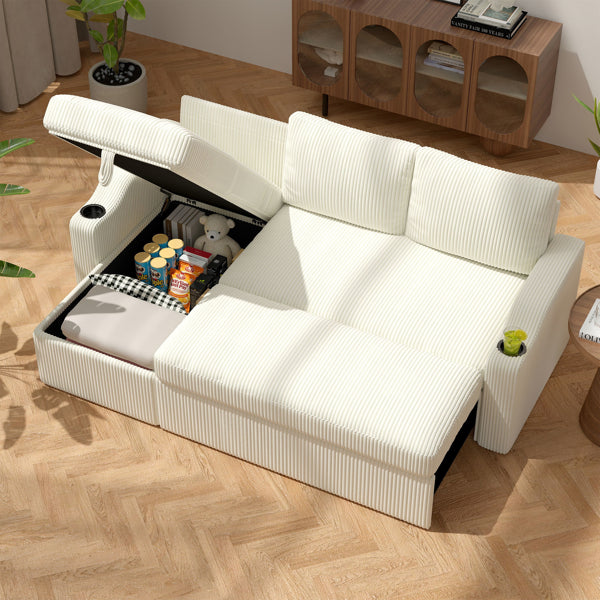 Convertible Corduroy L-Shaped Sectional Sofa Bed with Storage & Cup Holder