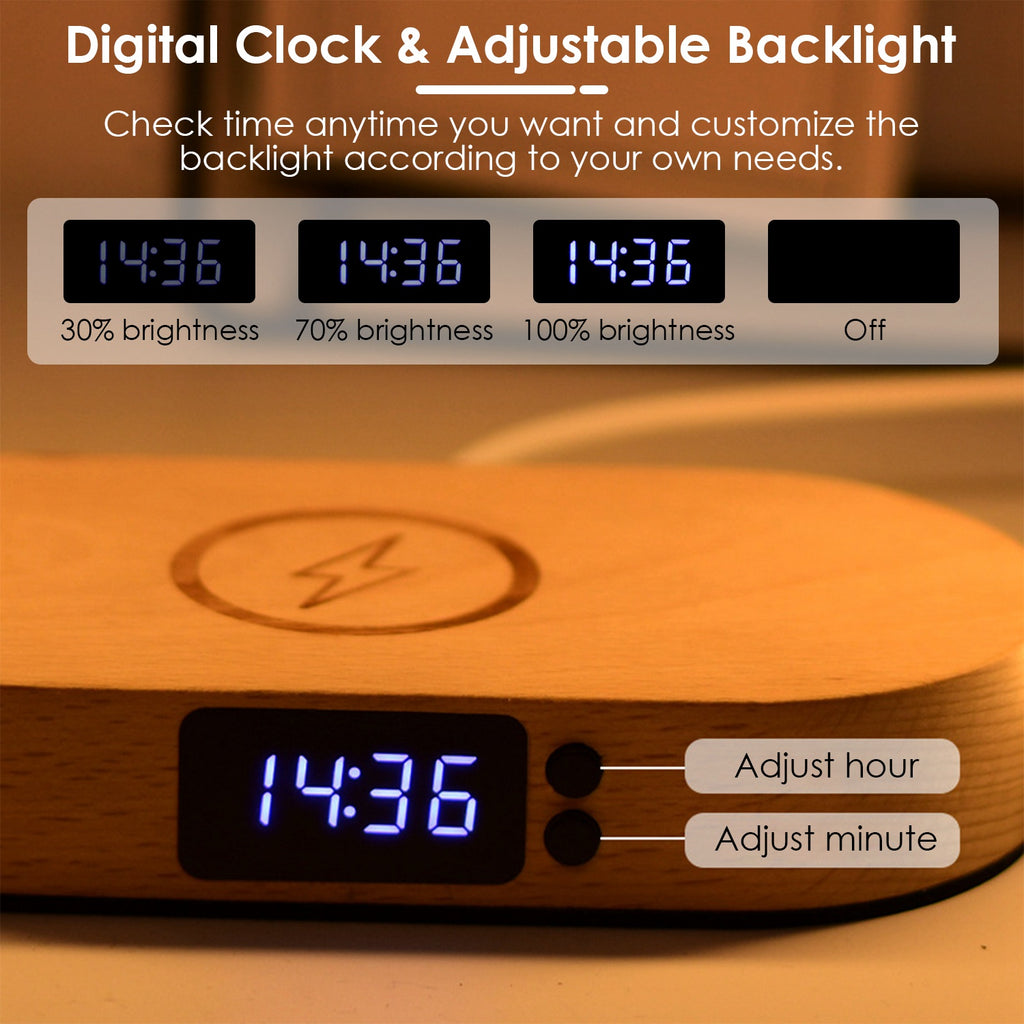 3-in-1 Wireless Charging Bedside Lamp with Clock - LED Touch Control Desk Lamp | Modern Nightstand